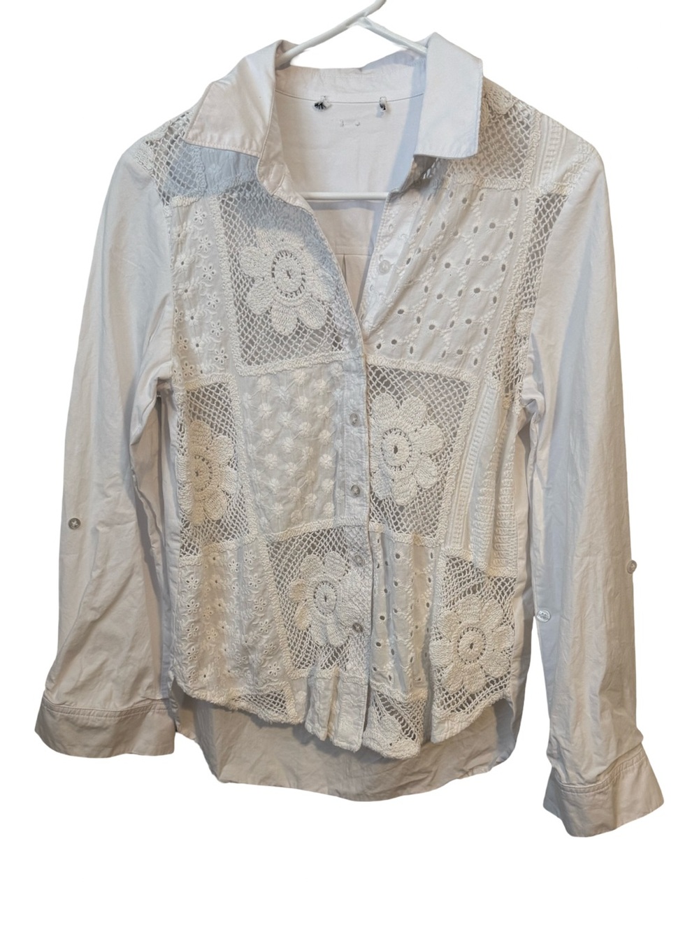 Cottagecore Women’s White Crochet-Panel Button Down Shirt